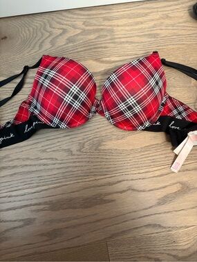 PINK Victoria's Secret Red Plaid Push-Up Bra with Black Band